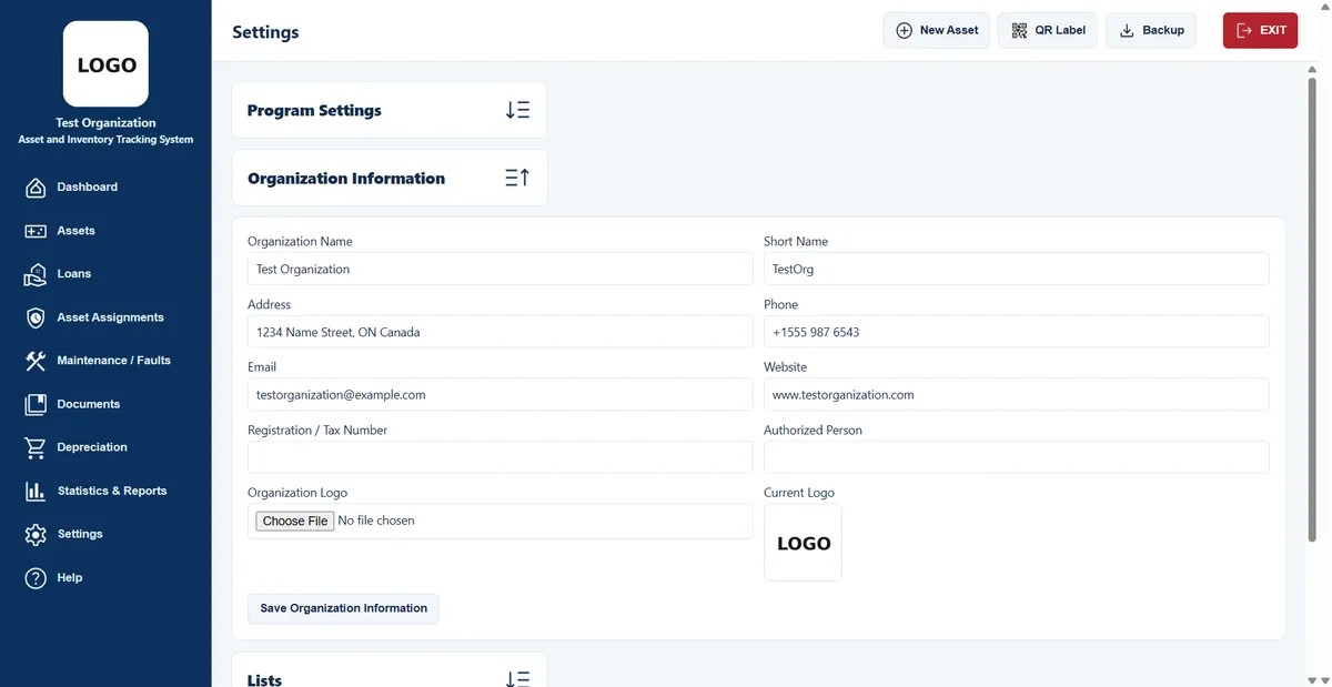 Organization information settings