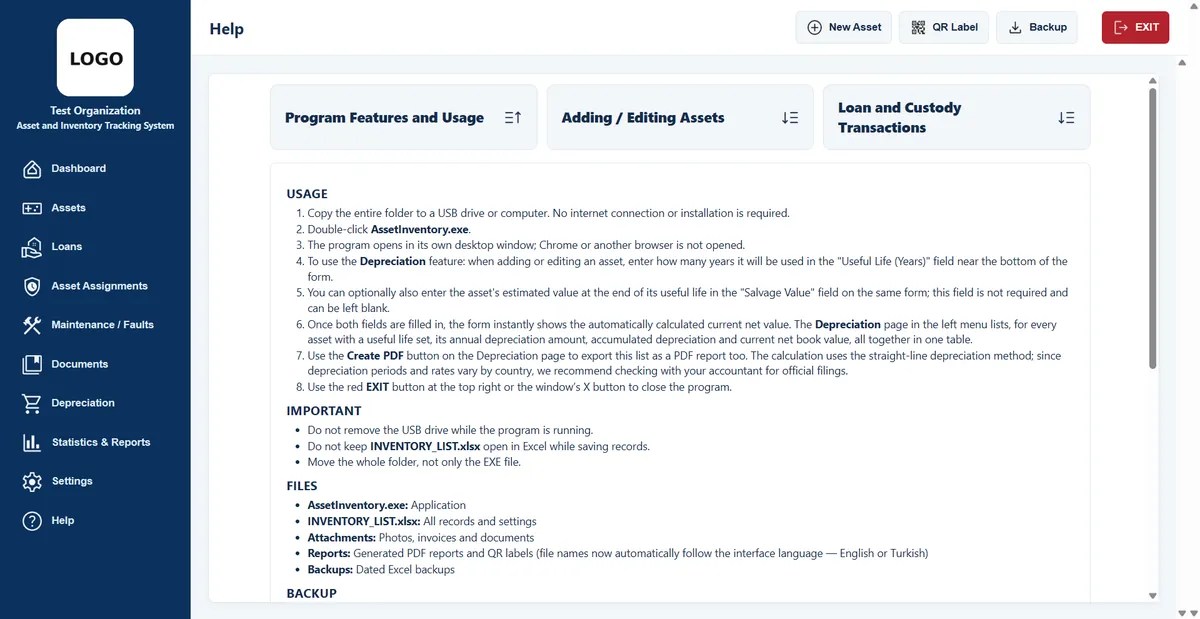 Help page in the asset tracker