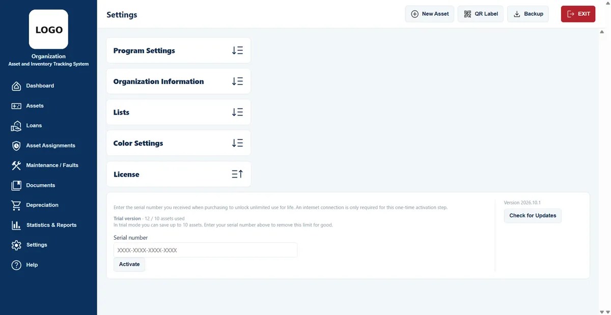 License activation in settings