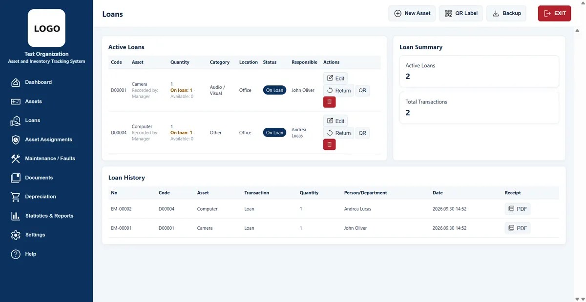 Loans page with active loans and history