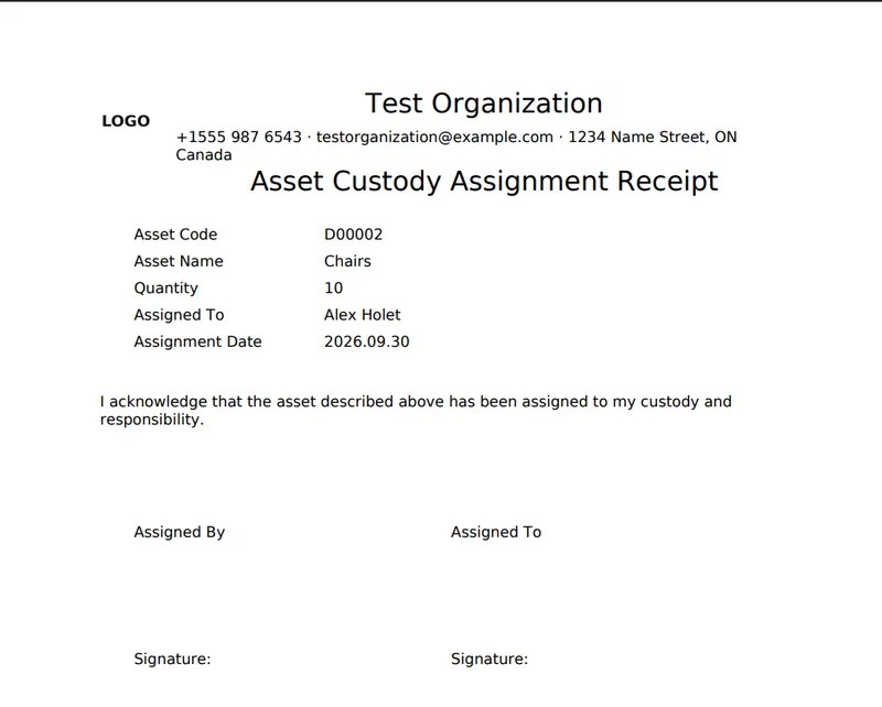 Printed asset custody assignment receipt
