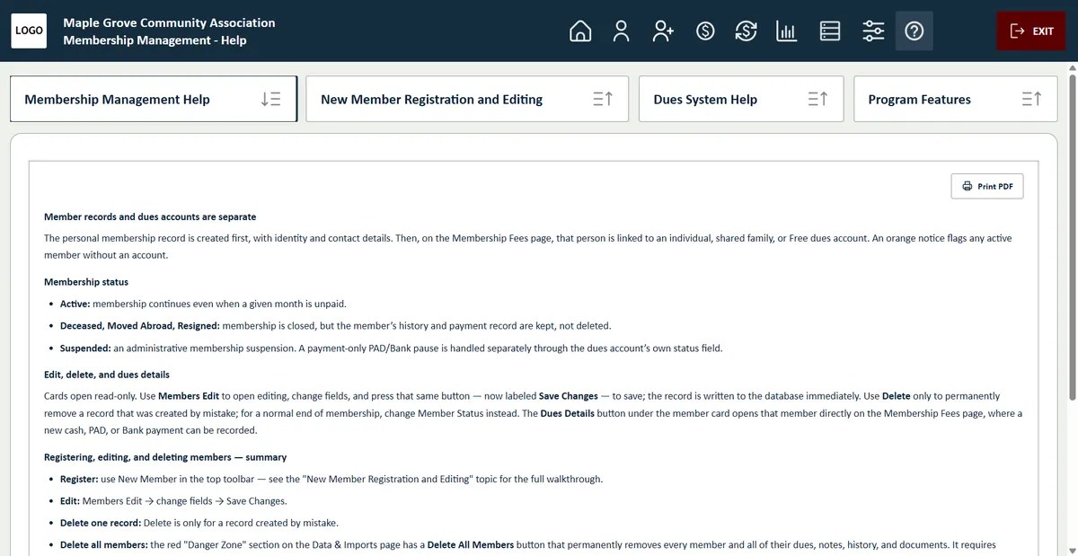 Help page in Membership Management
