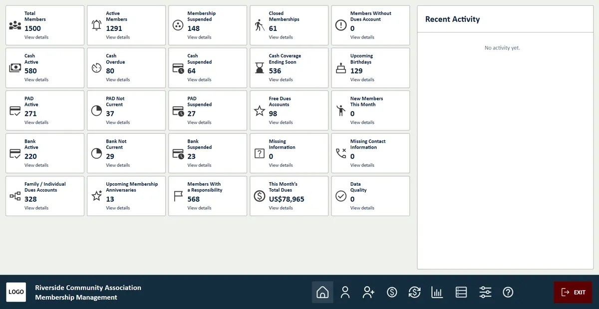 Membership dashboard with counts for overdue, suspended and expiring memberships