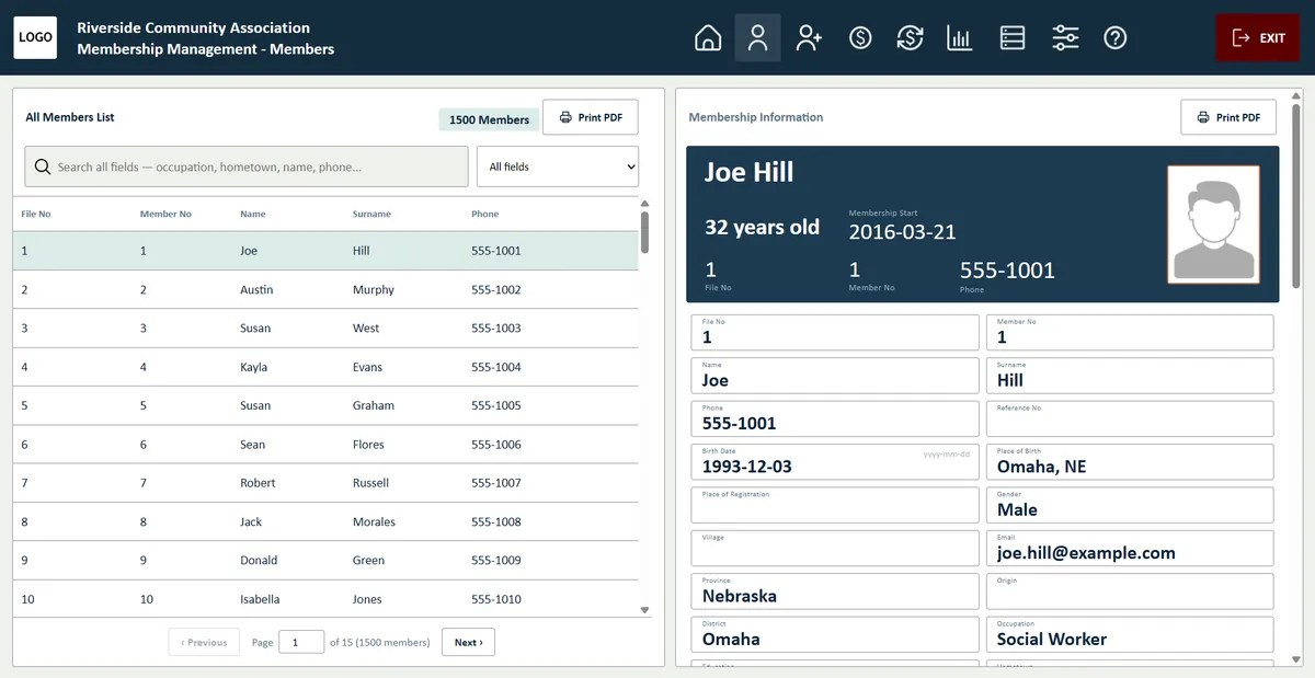 Members list with an open member profile