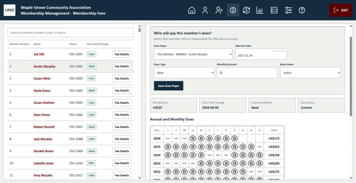 Membership fees page with yearly and monthly dues grid